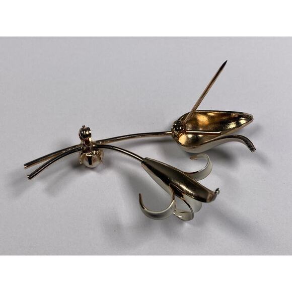 Vintage Ivory Enamel Tulip Lily Flower Gold Tone Stem Faux Pearl Pin Brooch - Picture 9 of 9